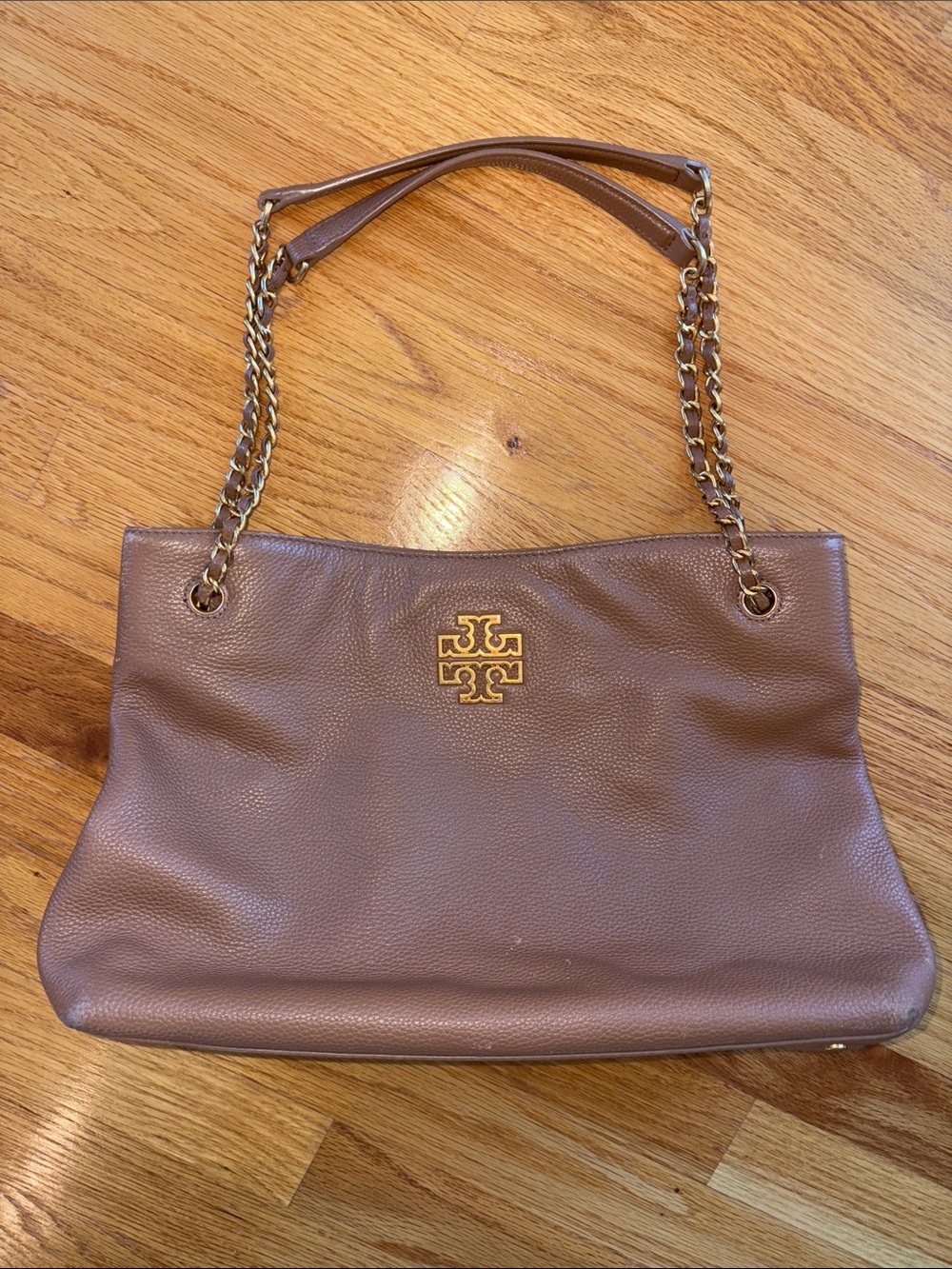 Tory Burch Taupe Pebbled Leather Chain-Handle Shoulder Bag